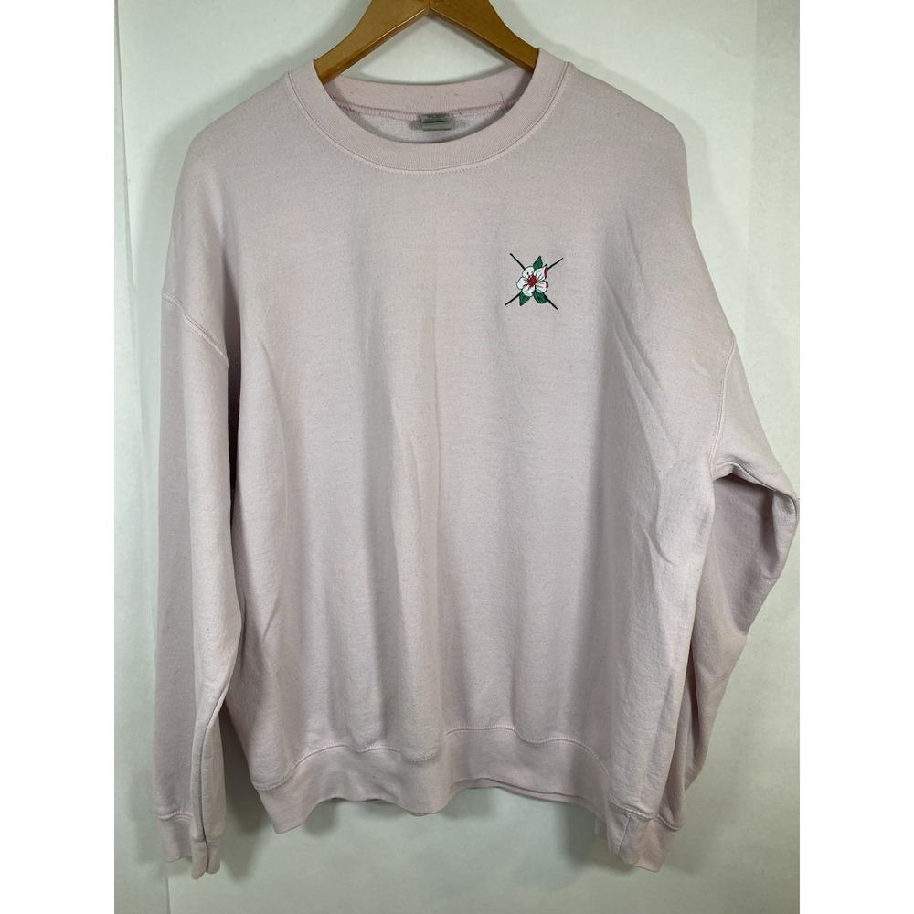Gildan Heavy Blend Pink Crewneck Sweatshirt Embroidered Floral Pullover Size L
